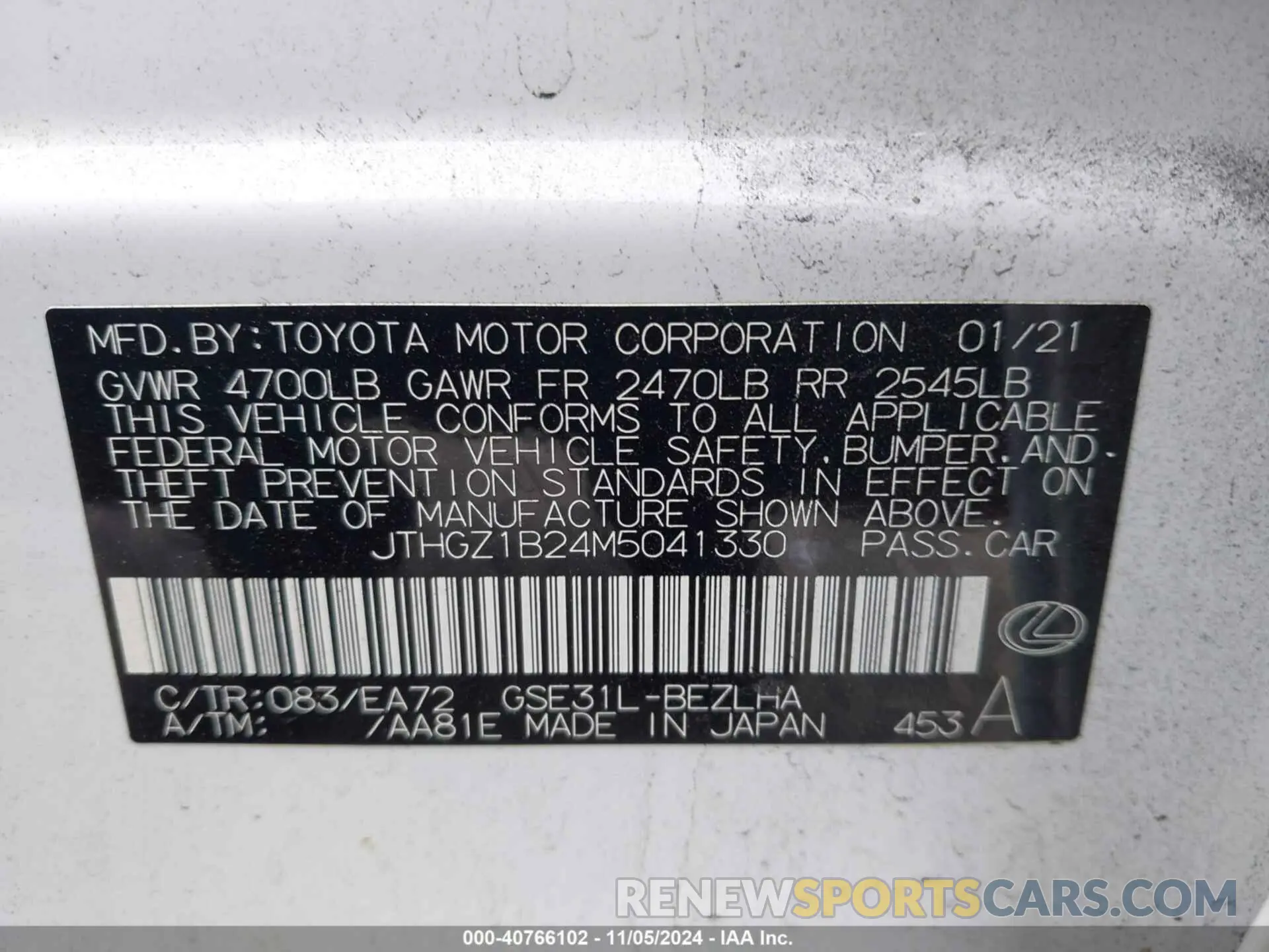 9 Photograph of a damaged car JTHGZ1B24M5041330 LEXUS IS 350 2021