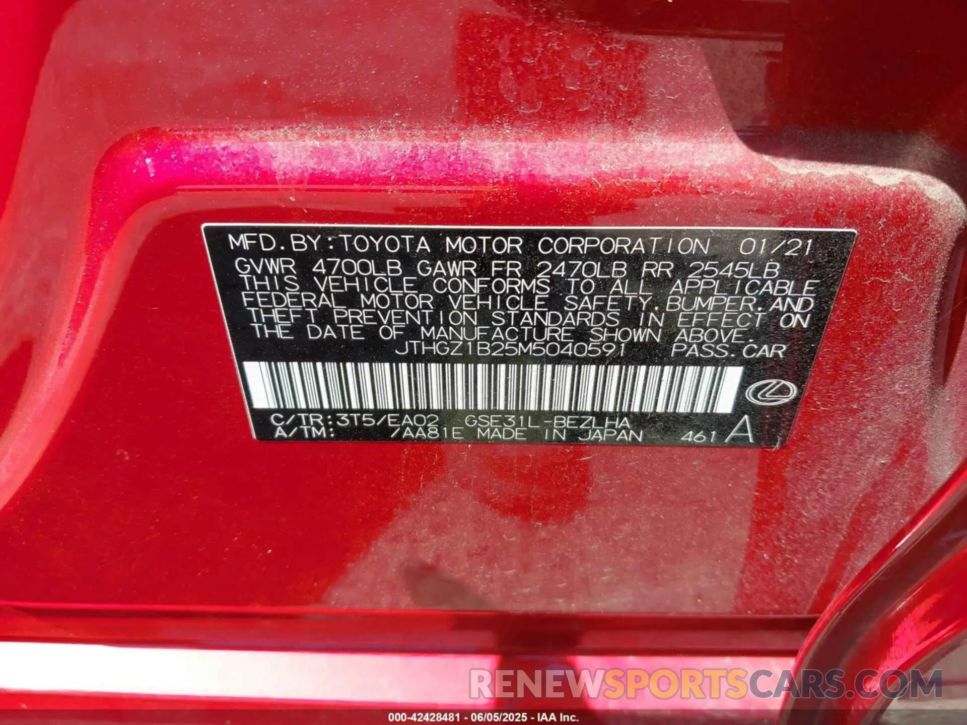 9 Photograph of a damaged car JTHGZ1B25M5040591 LEXUS IS 350 2021