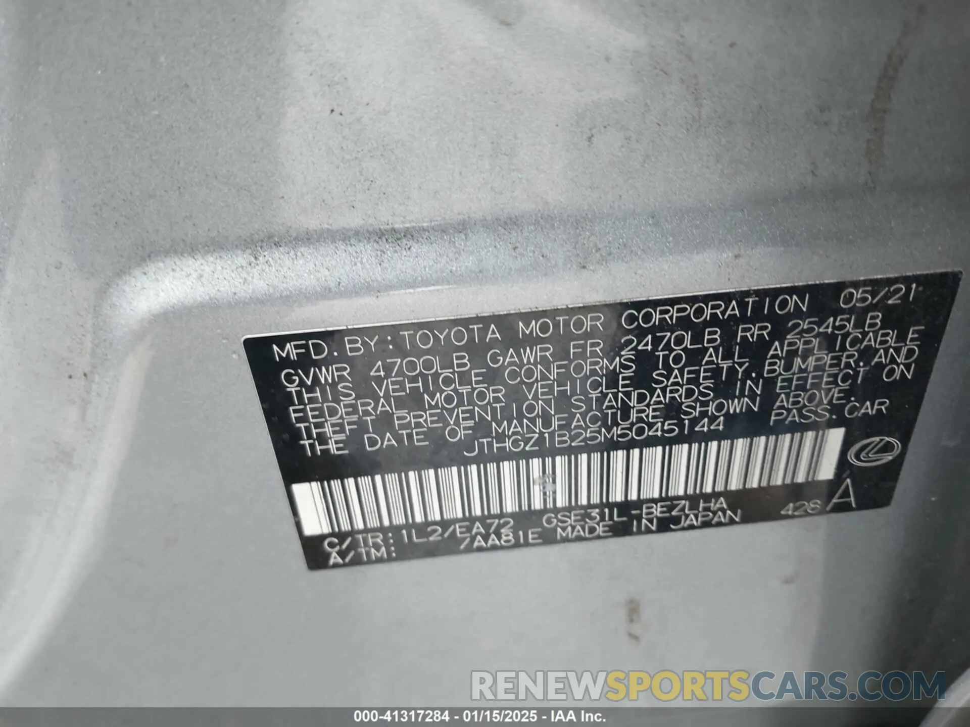 9 Photograph of a damaged car JTHGZ1B25M5045144 LEXUS IS 350 2021