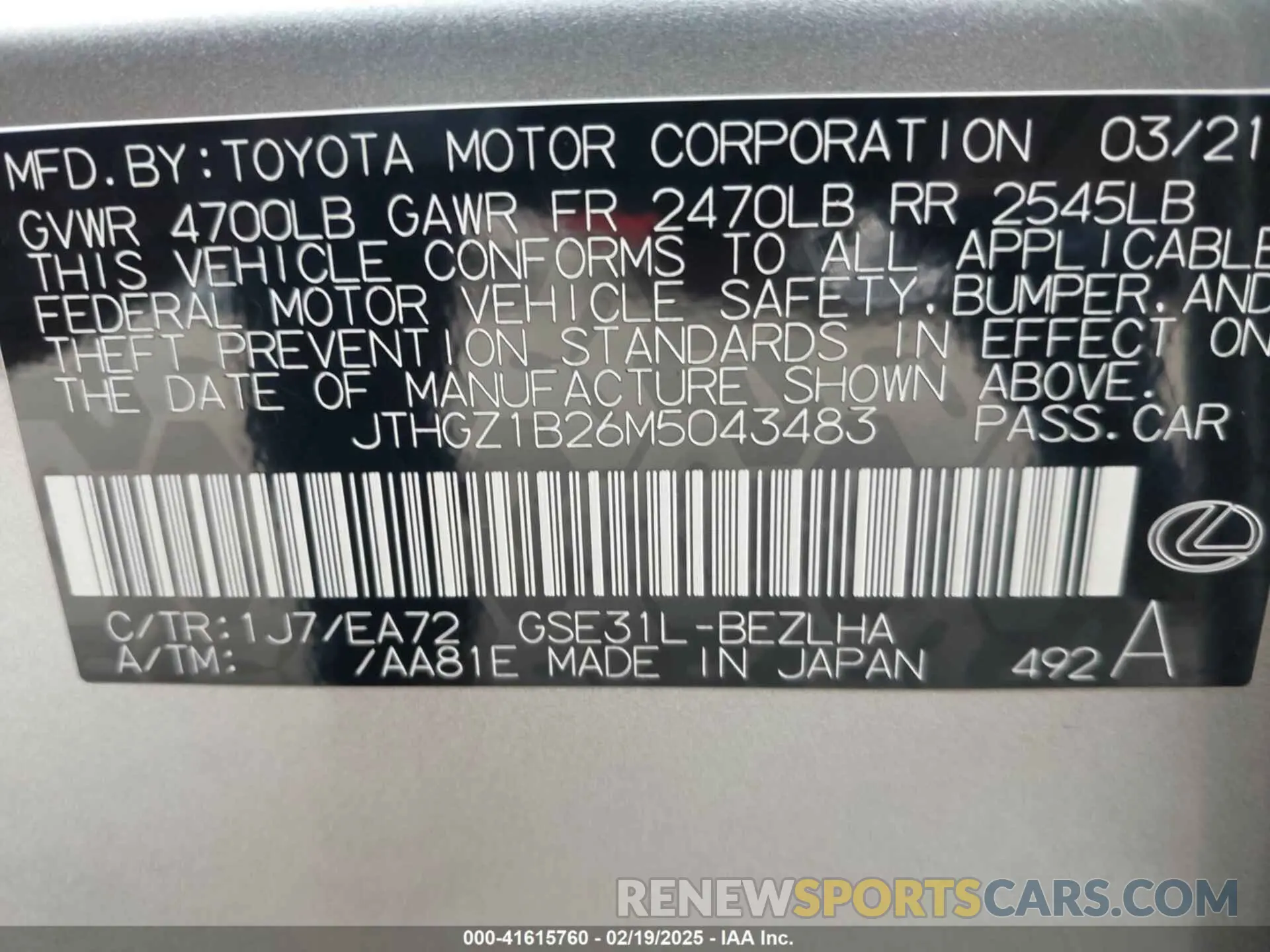 9 Photograph of a damaged car JTHGZ1B26M5043483 LEXUS IS 350 2021