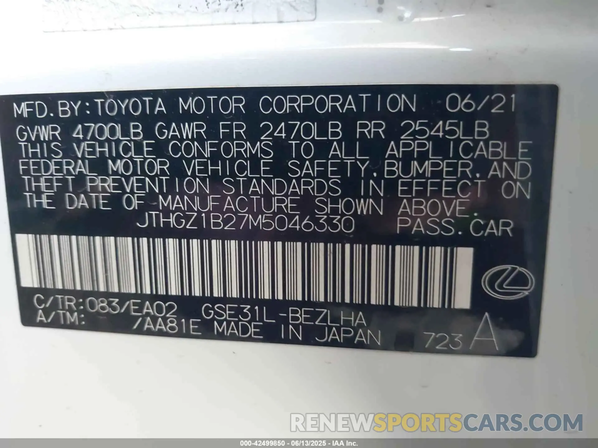 9 Photograph of a damaged car JTHGZ1B27M5046330 LEXUS IS 350 2021