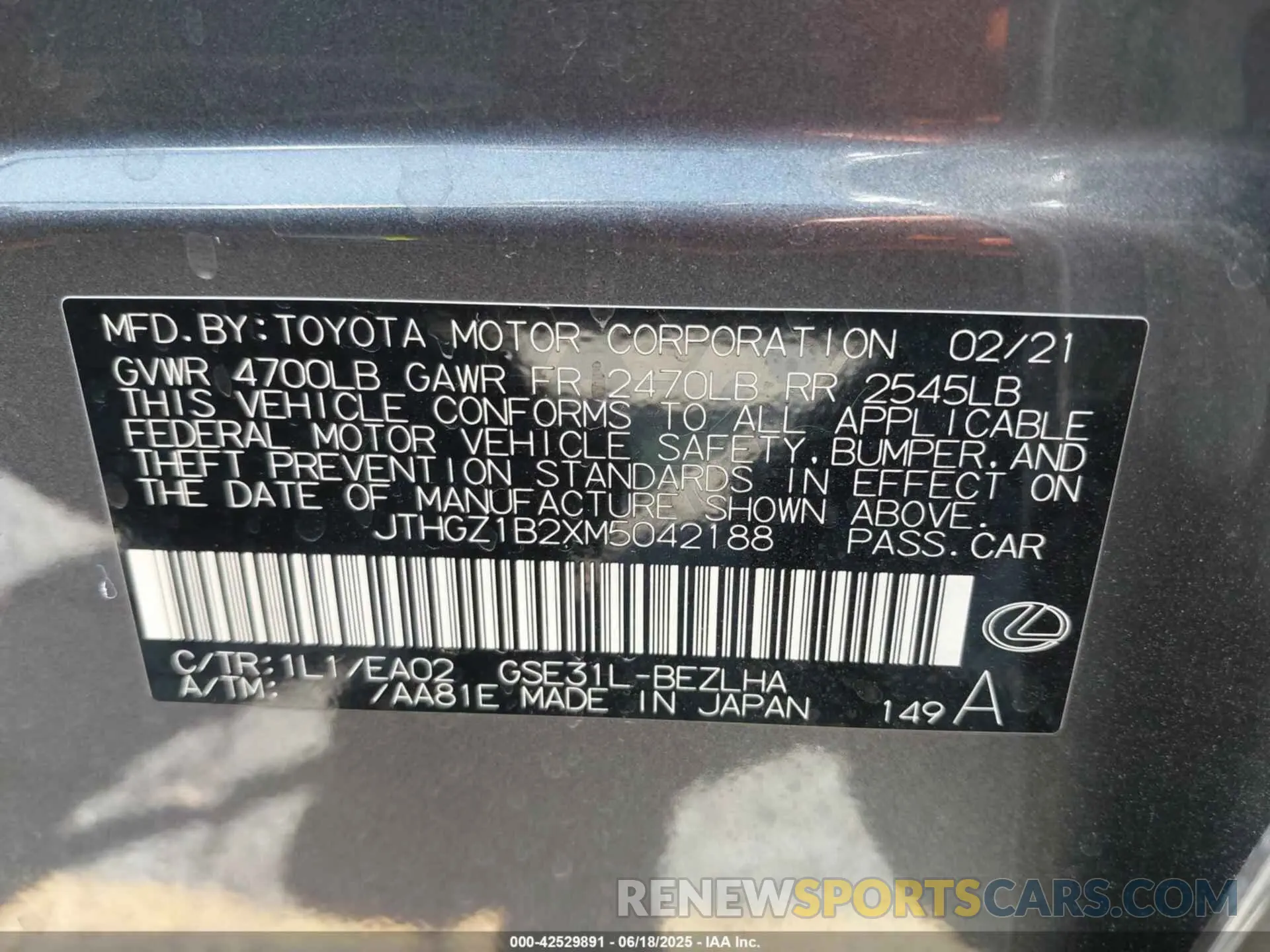 9 Photograph of a damaged car JTHGZ1B2XM5042188 LEXUS IS 350 2021