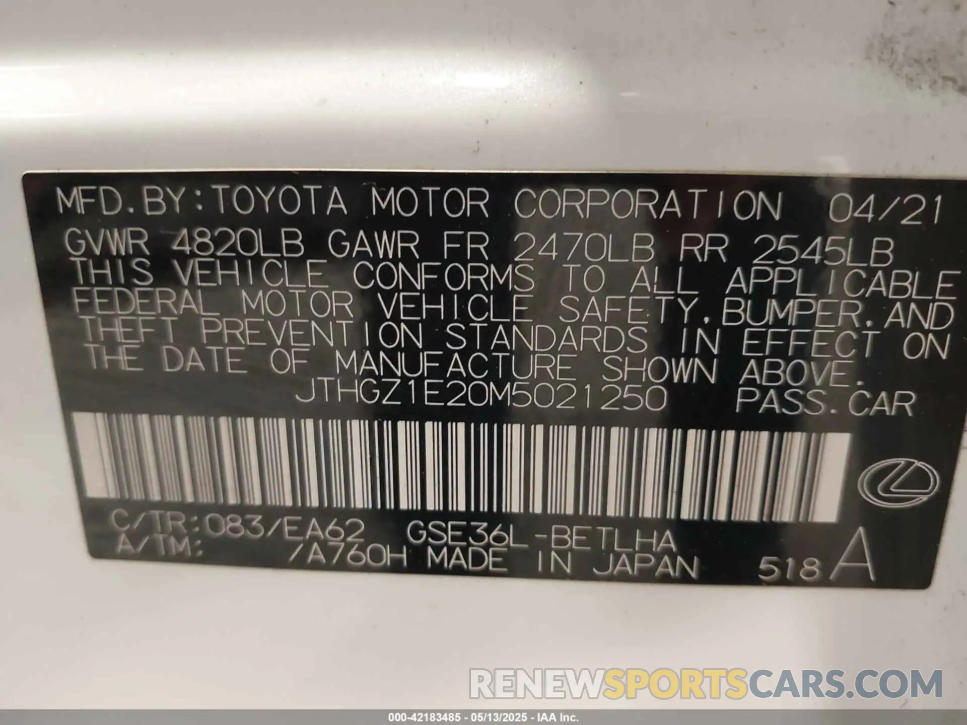 9 Photograph of a damaged car JTHGZ1E20M5021250 LEXUS IS 350 2021