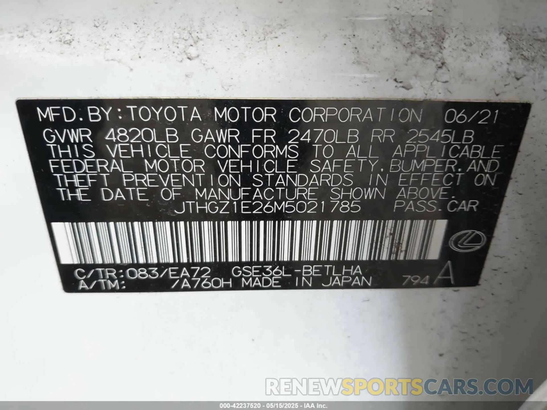 9 Photograph of a damaged car JTHGZ1E26M5021785 LEXUS IS 350 2021