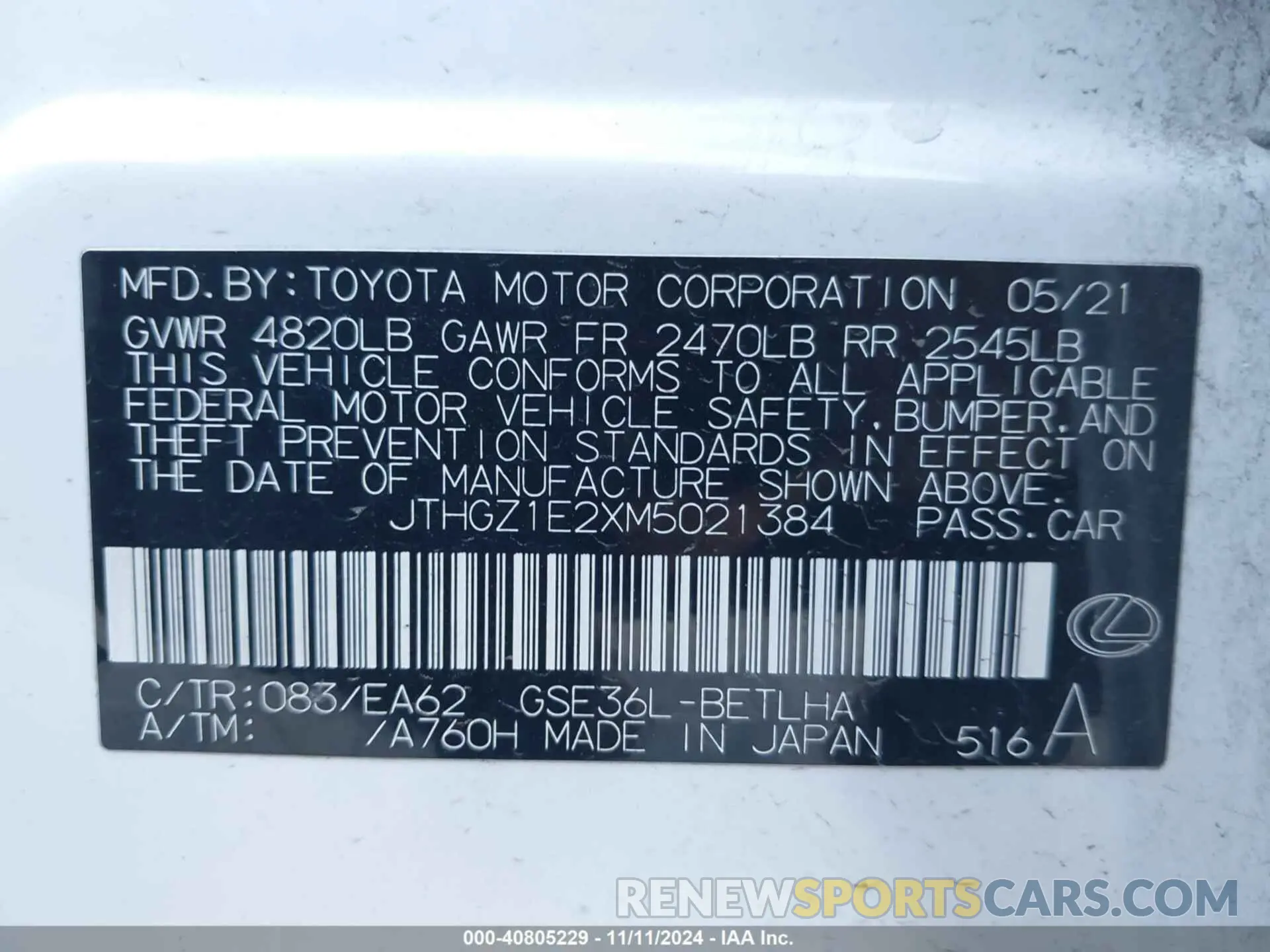 9 Photograph of a damaged car JTHGZ1E2XM5021384 LEXUS IS 350 2021