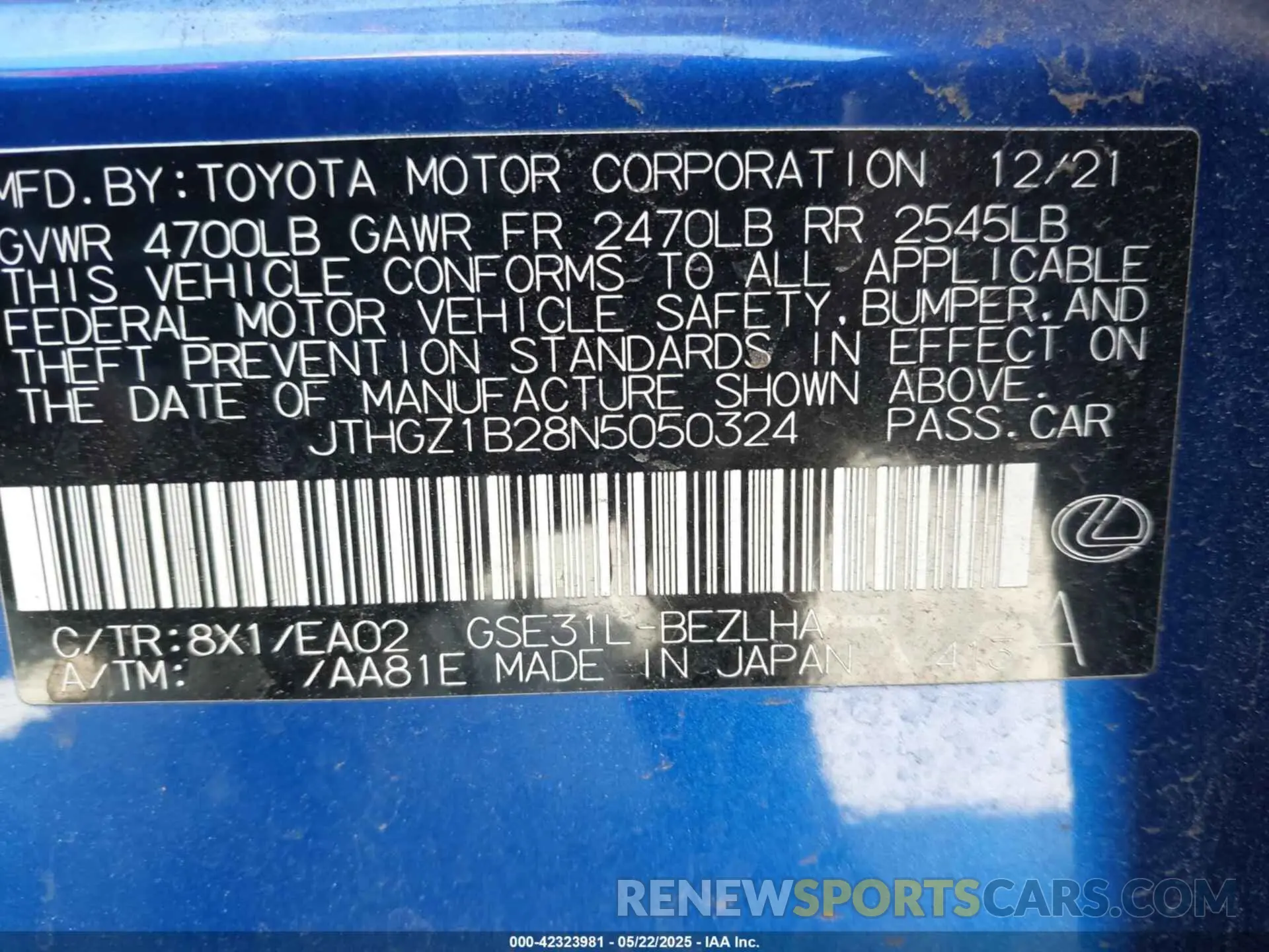 9 Photograph of a damaged car JTHGZ1B28N5050324 LEXUS IS 350 2022