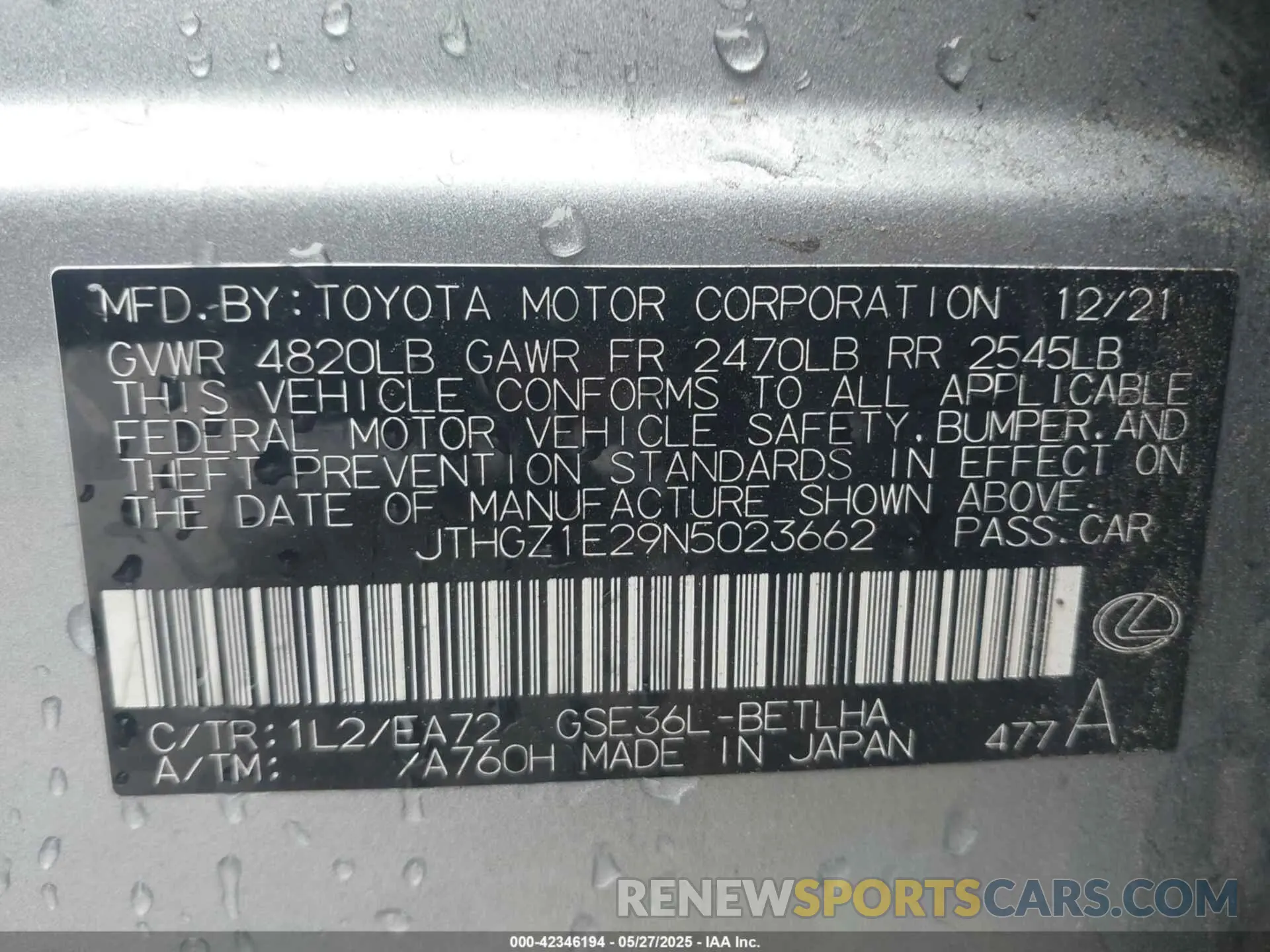 9 Photograph of a damaged car JTHGZ1E29N5023662 LEXUS IS 350 2022