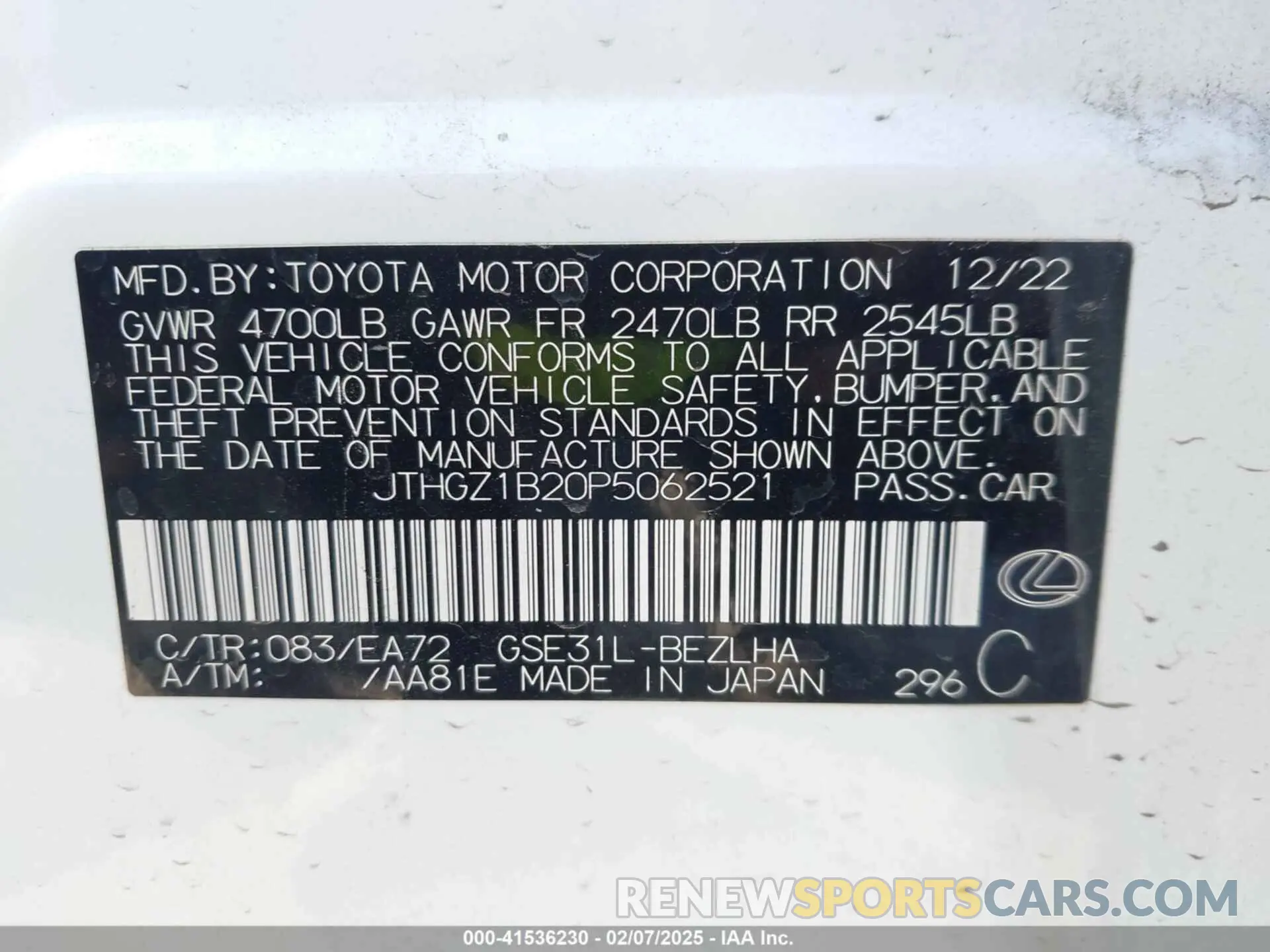 9 Photograph of a damaged car JTHGZ1B20P5062521 LEXUS IS 350 2023