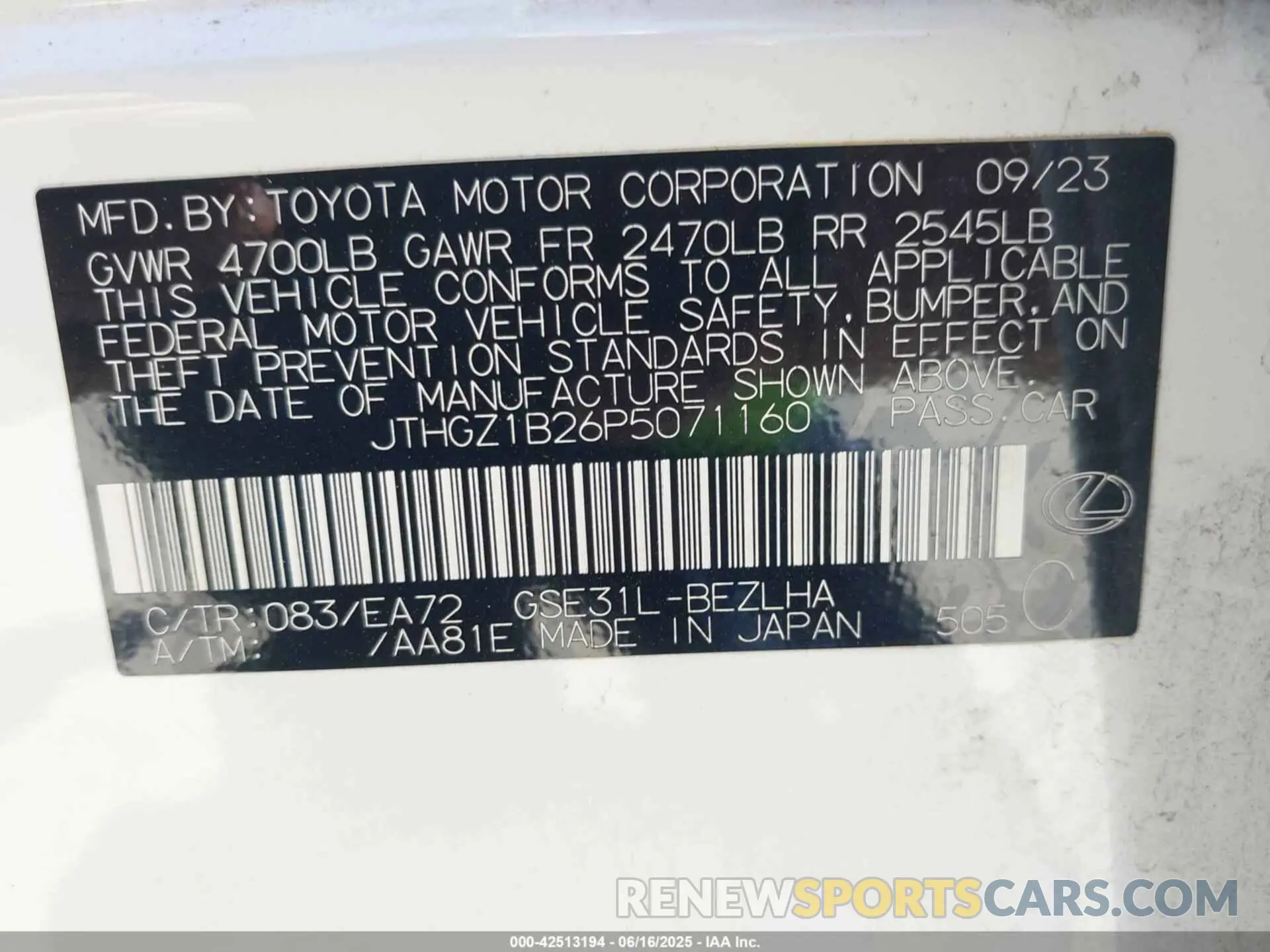 9 Photograph of a damaged car JTHGZ1B26P5071160 LEXUS IS 350 2023