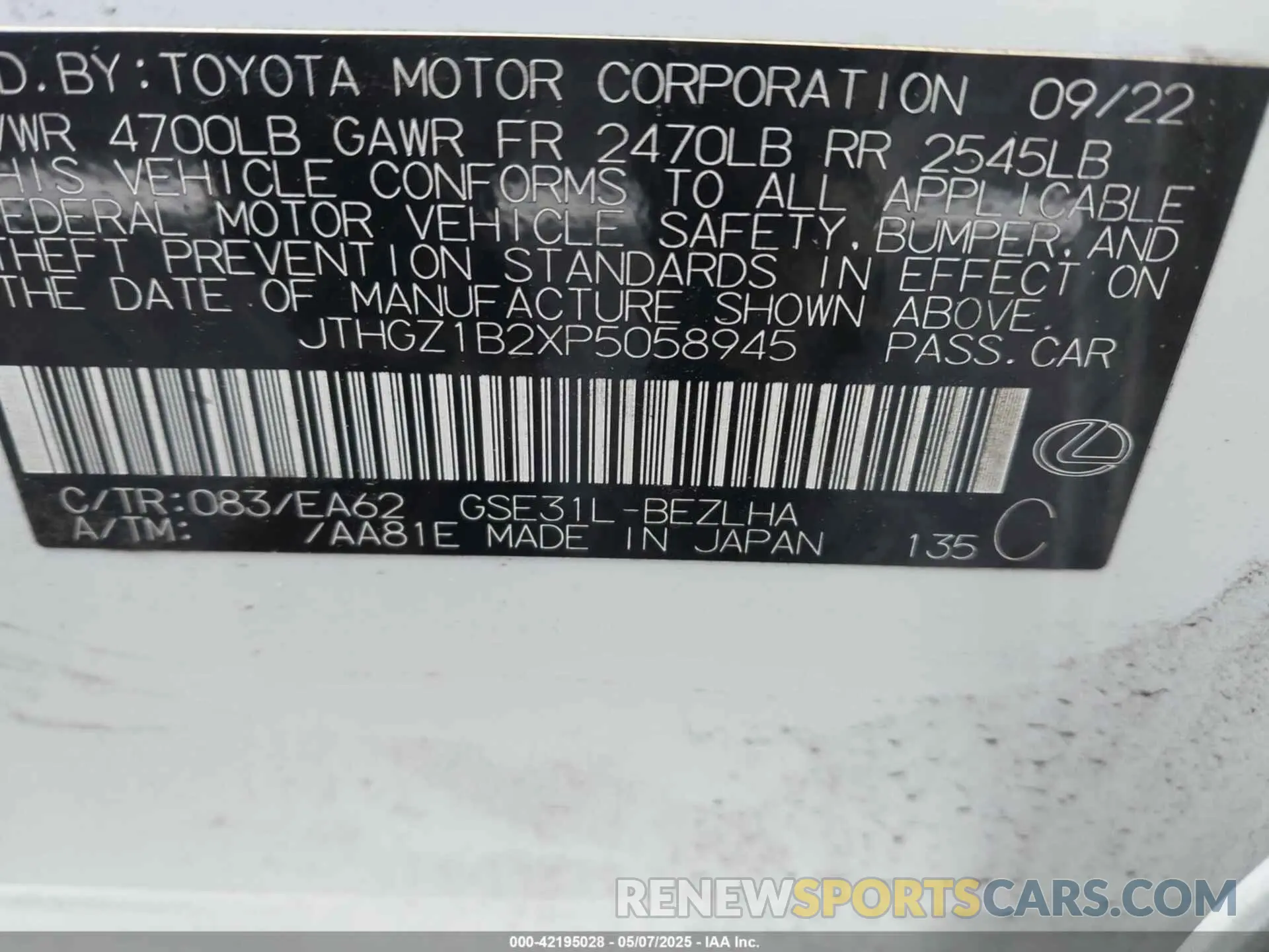 9 Photograph of a damaged car JTHGZ1B2XP5058945 LEXUS IS 350 2023