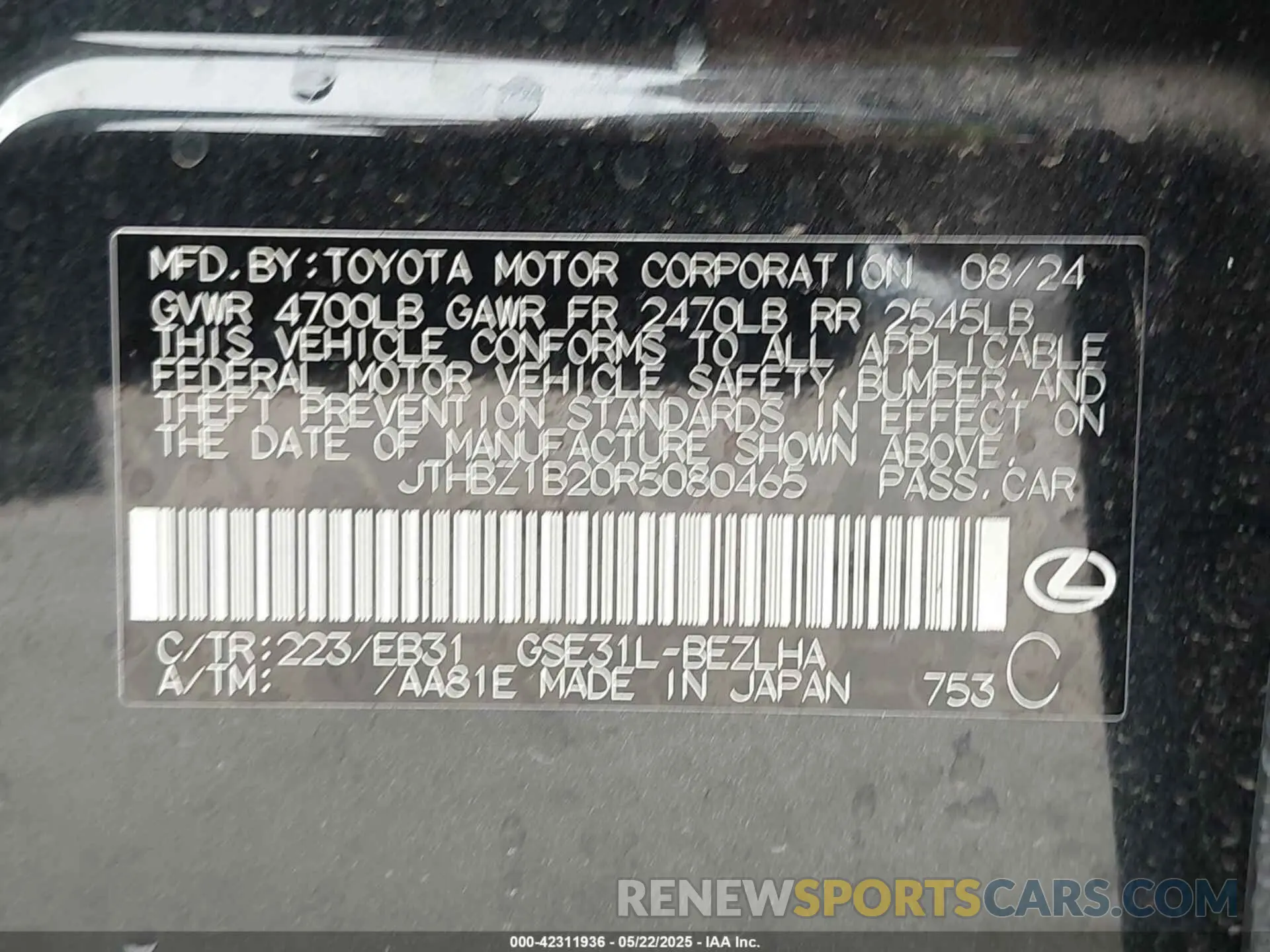 9 Photograph of a damaged car JTHBZ1B20R5080465 LEXUS IS 350 2024