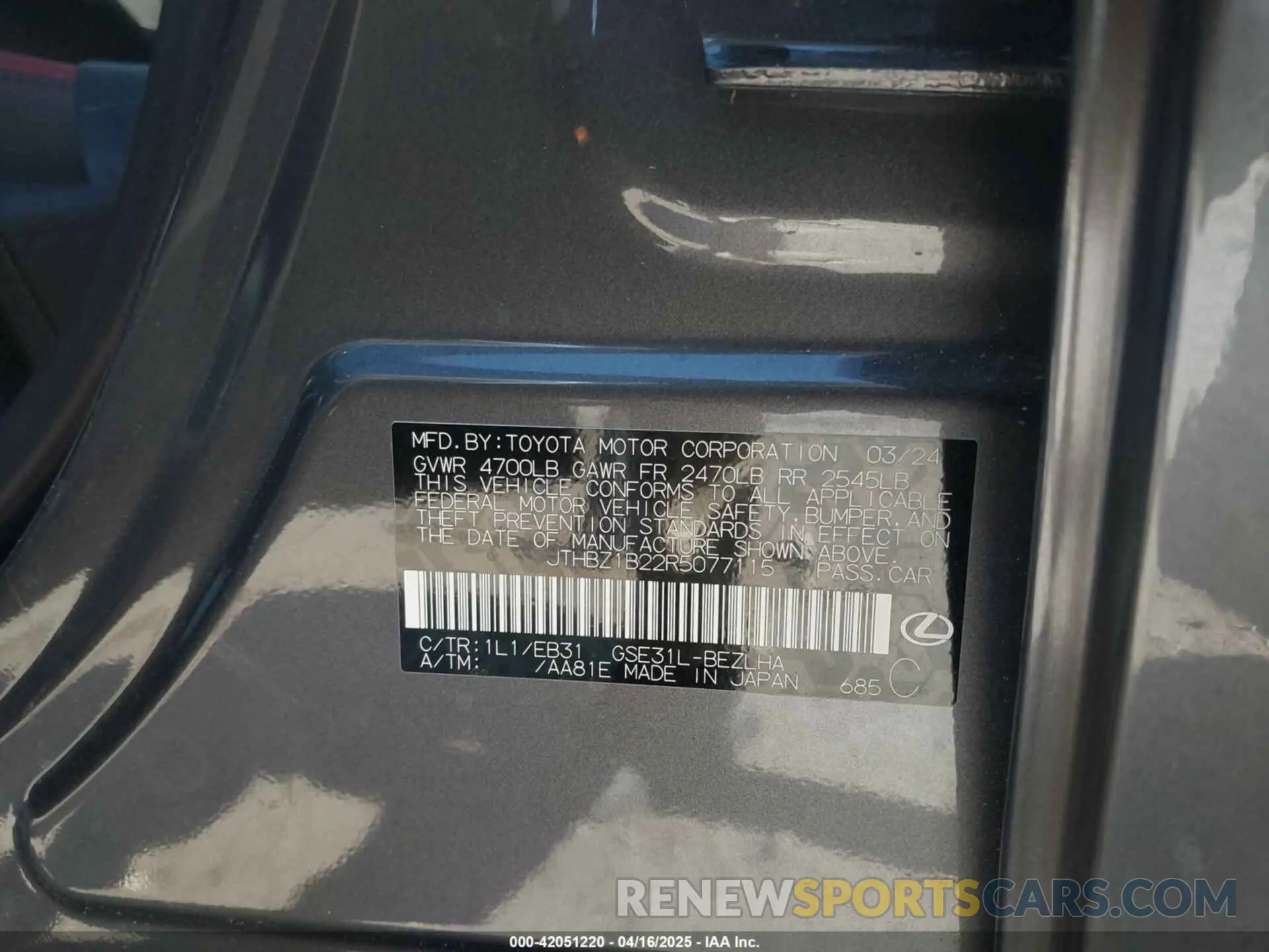 9 Photograph of a damaged car JTHBZ1B22R5077115 LEXUS IS 350 2024