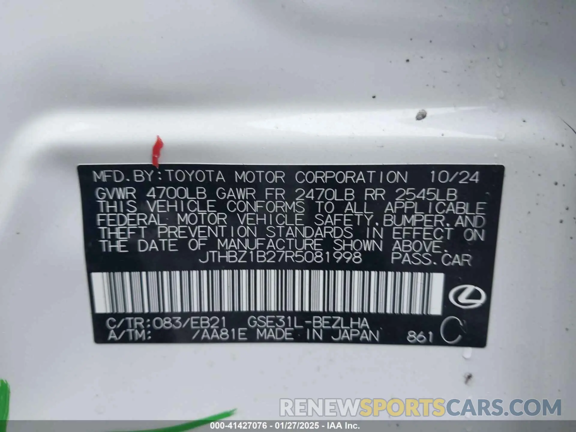 9 Photograph of a damaged car JTHBZ1B27R5081998 LEXUS IS 350 2024