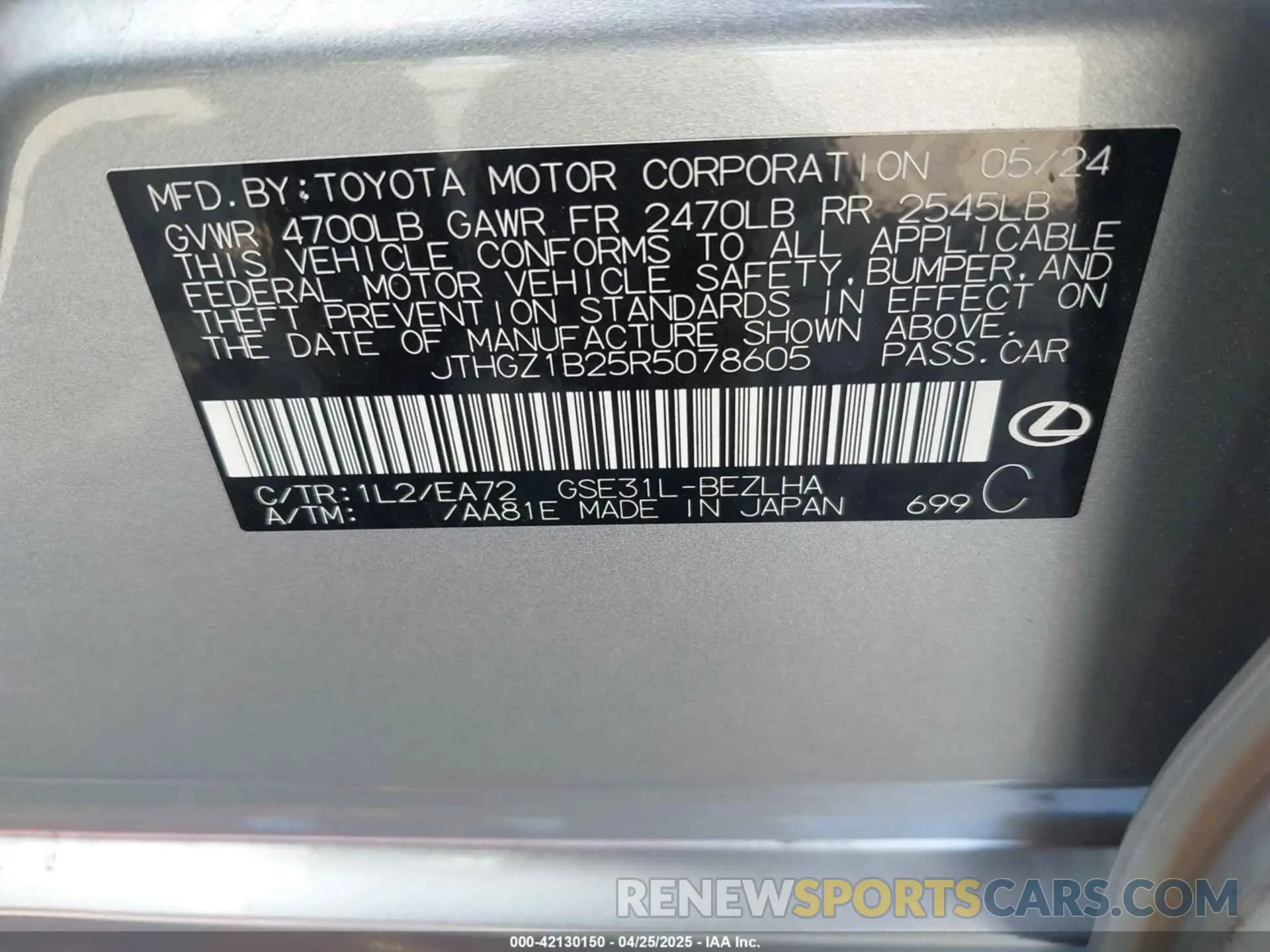 9 Photograph of a damaged car JTHGZ1B25R5078605 LEXUS IS 350 2024
