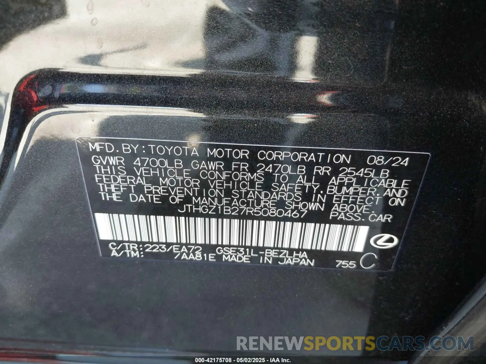 9 Photograph of a damaged car JTHGZ1B27R5080467 LEXUS IS 350 2024