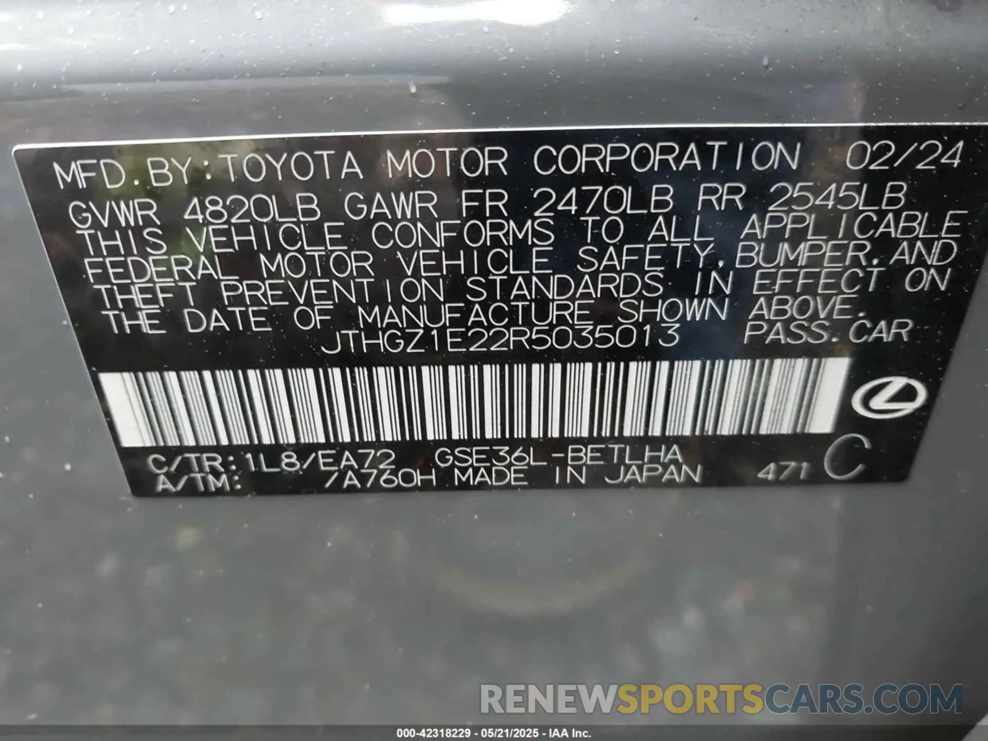 9 Photograph of a damaged car JTHGZ1E22R5035013 LEXUS IS 350 2024