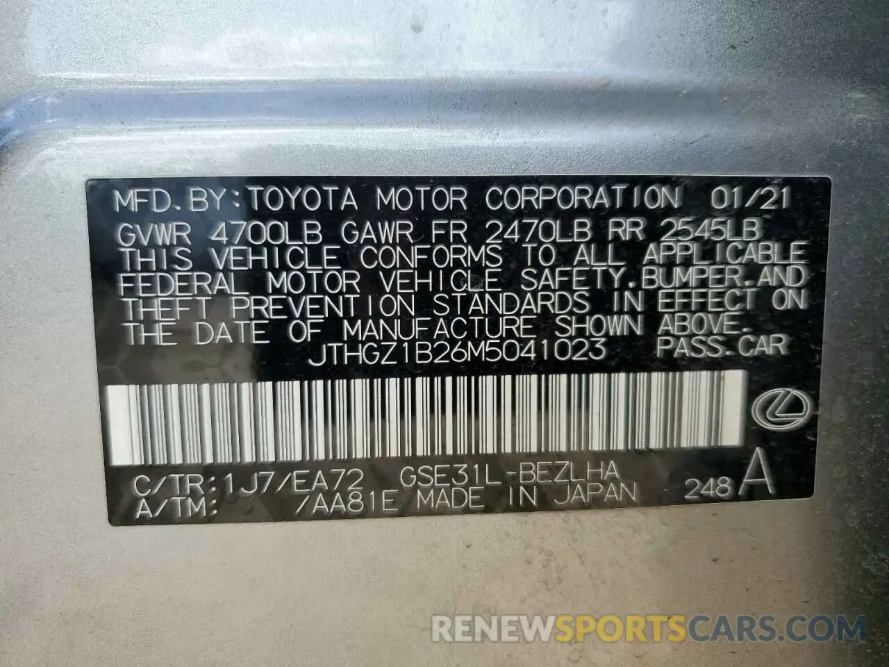 13 Photograph of a damaged car JTHGZ1B26M5041023 LEXUS IS 350 F S 2021
