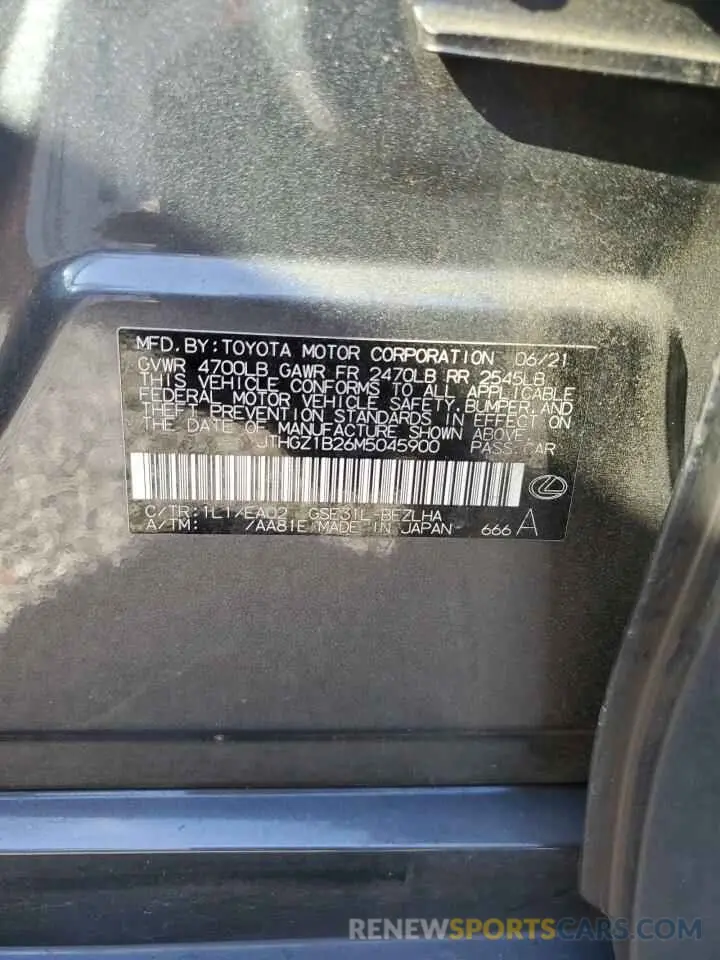 12 Photograph of a damaged car JTHGZ1B26M5045900 LEXUS IS 350 F S 2021