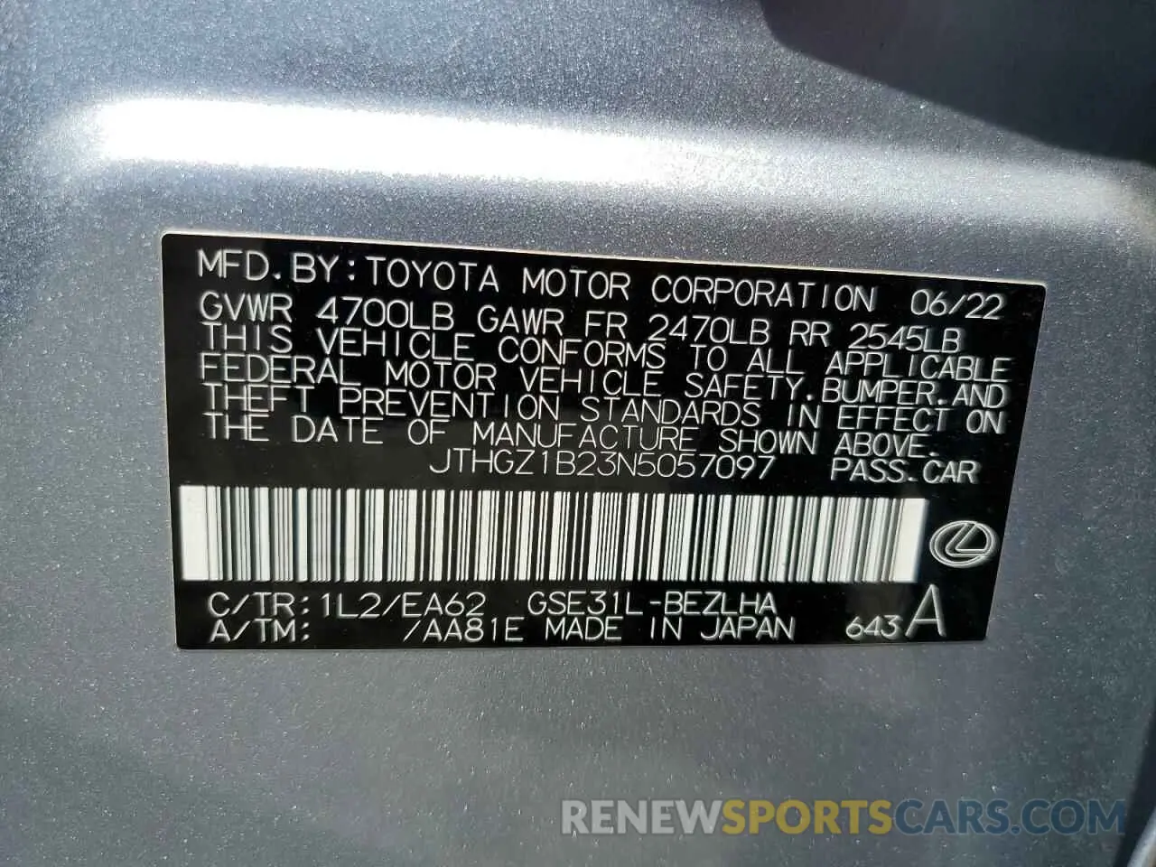12 Photograph of a damaged car JTHGZ1B23N5057097 LEXUS IS 350 F S 2022
