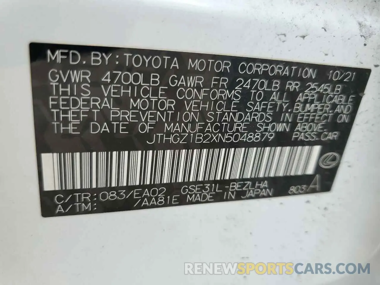 12 Photograph of a damaged car JTHGZ1B2XN5048879 LEXUS IS 350 F S 2022
