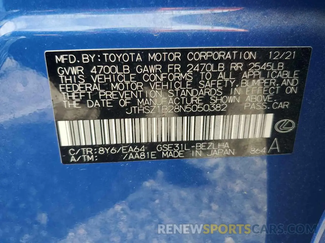 12 Photograph of a damaged car JTHSZ1B28N5050382 LEXUS IS 350 F S 2022