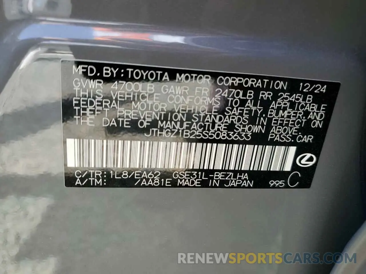 12 Photograph of a damaged car JTHGZ1B25S5083633 LEXUS IS 350 F S 2025