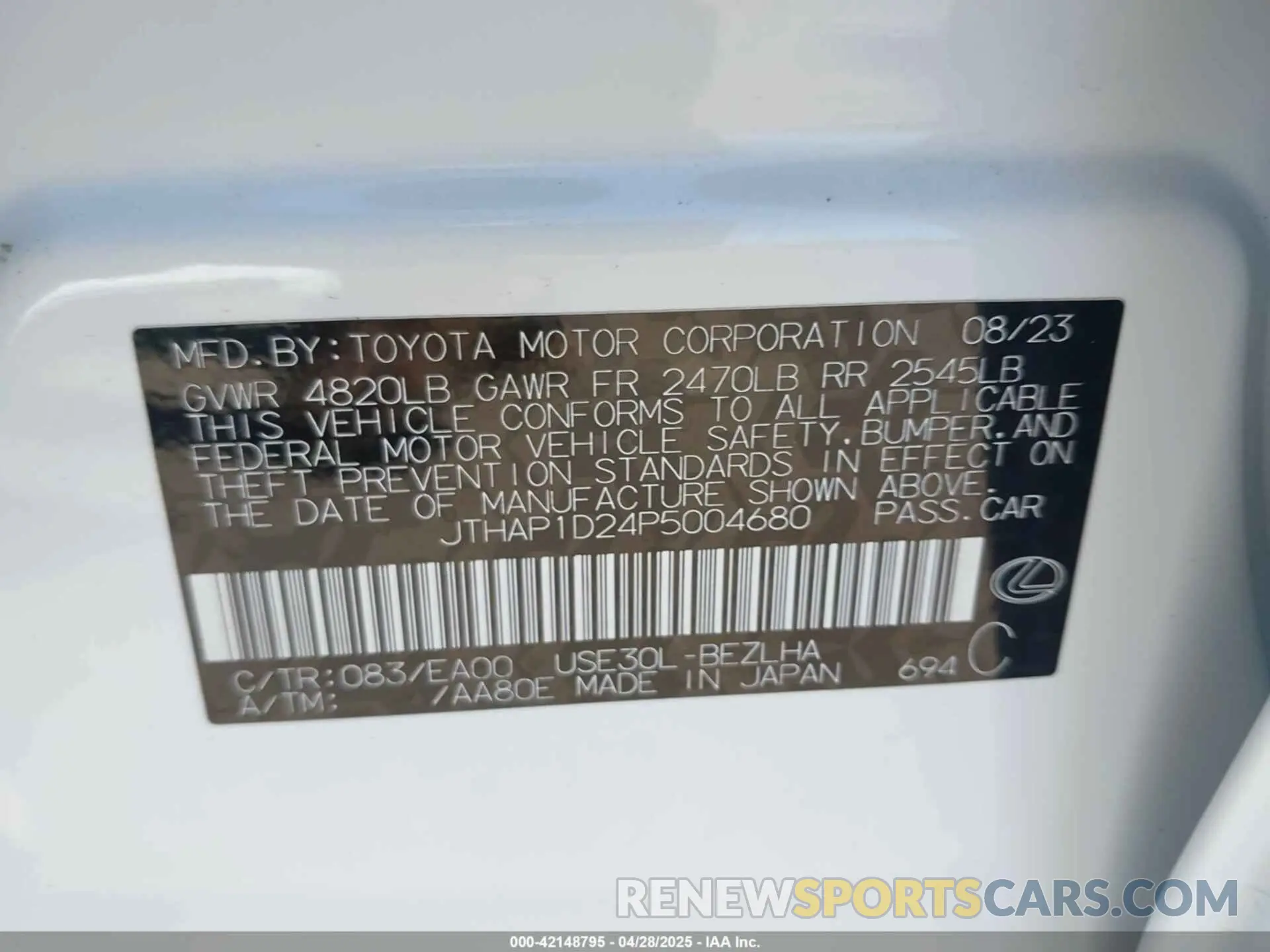 9 Photograph of a damaged car JTHAP1D24P5004680 LEXUS IS 500 2023
