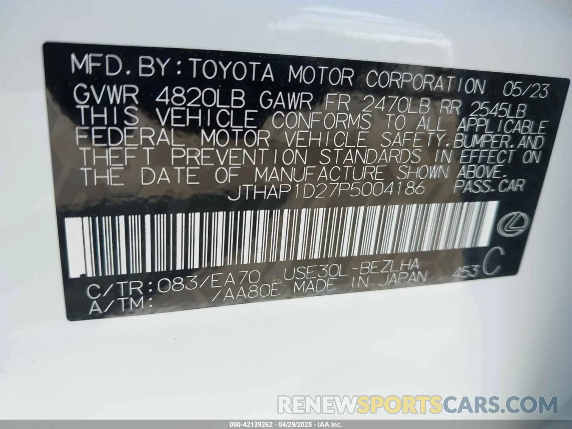 9 Photograph of a damaged car JTHAP1D27P5004186 LEXUS IS 500 2023
