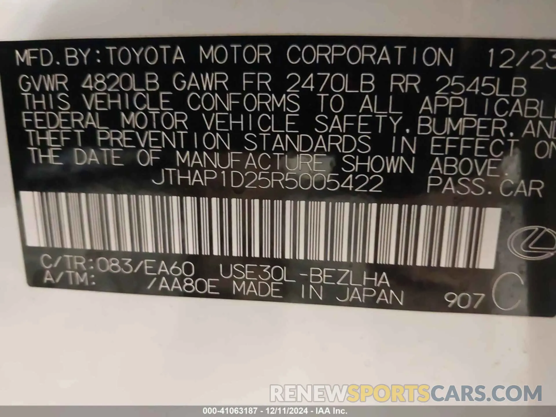 9 Photograph of a damaged car JTHAP1D25R5005422 LEXUS IS 500 2024