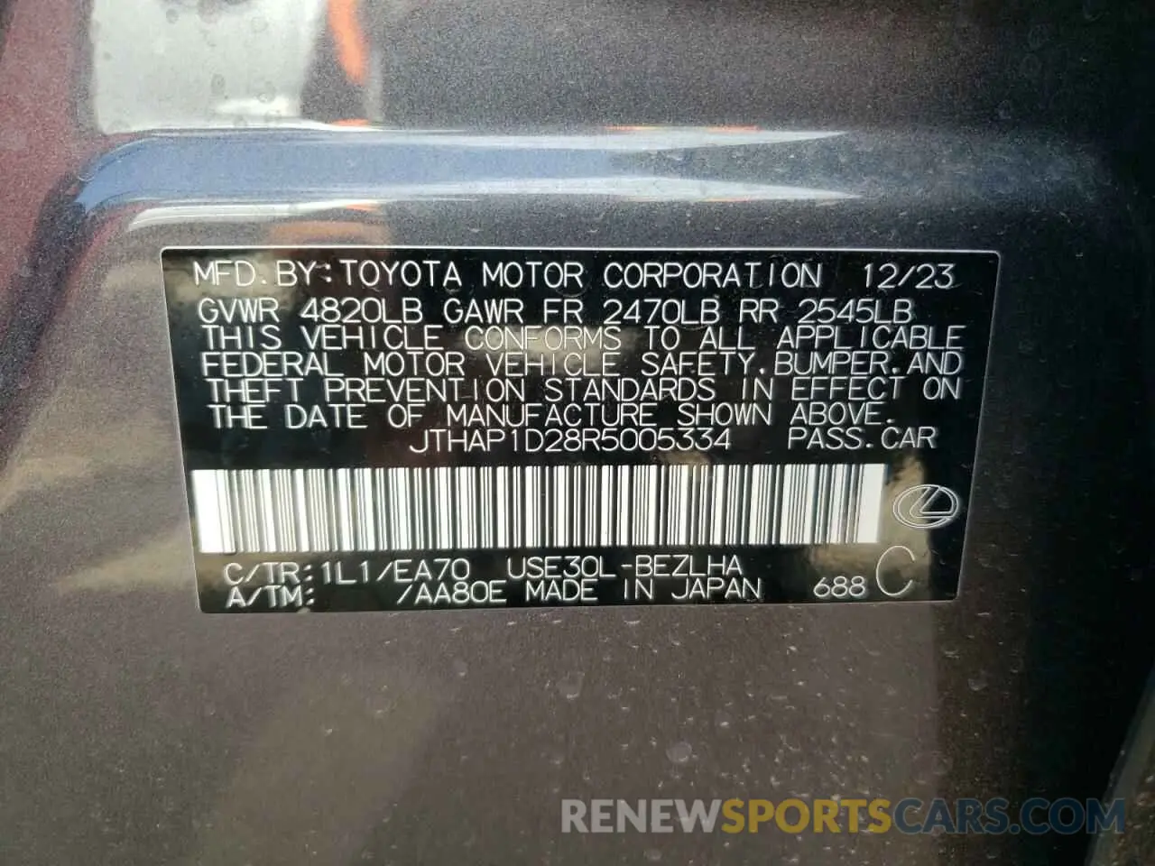 12 Photograph of a damaged car JTHAP1D28R5005334 LEXUS IS 500 F S 2024