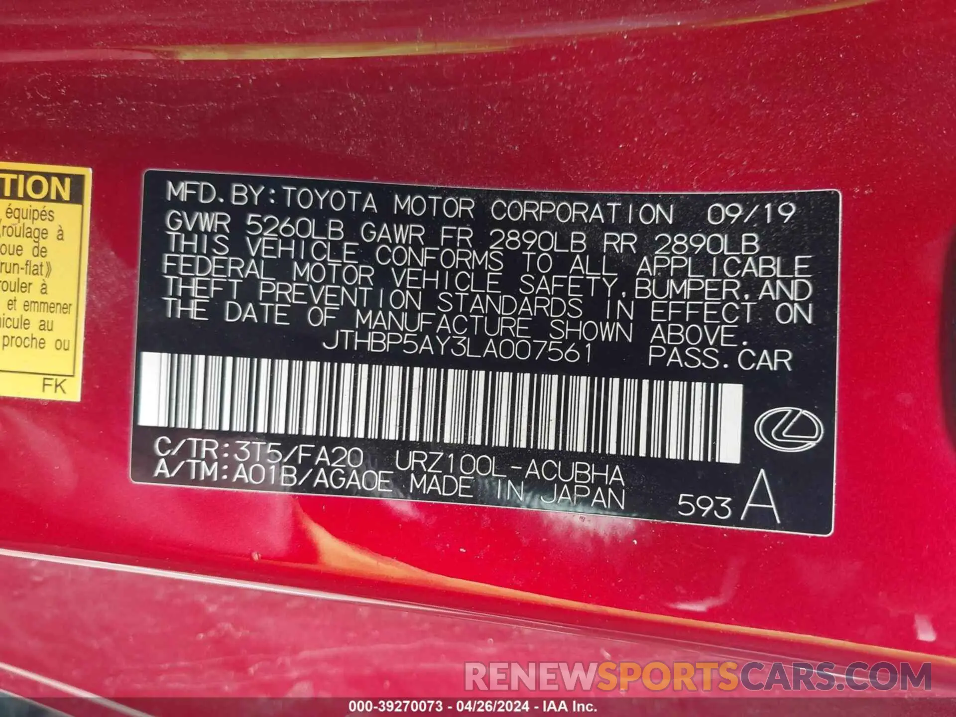 9 Photograph of a damaged car JTHBP5AY3LA007561 LEXUS LC 2020