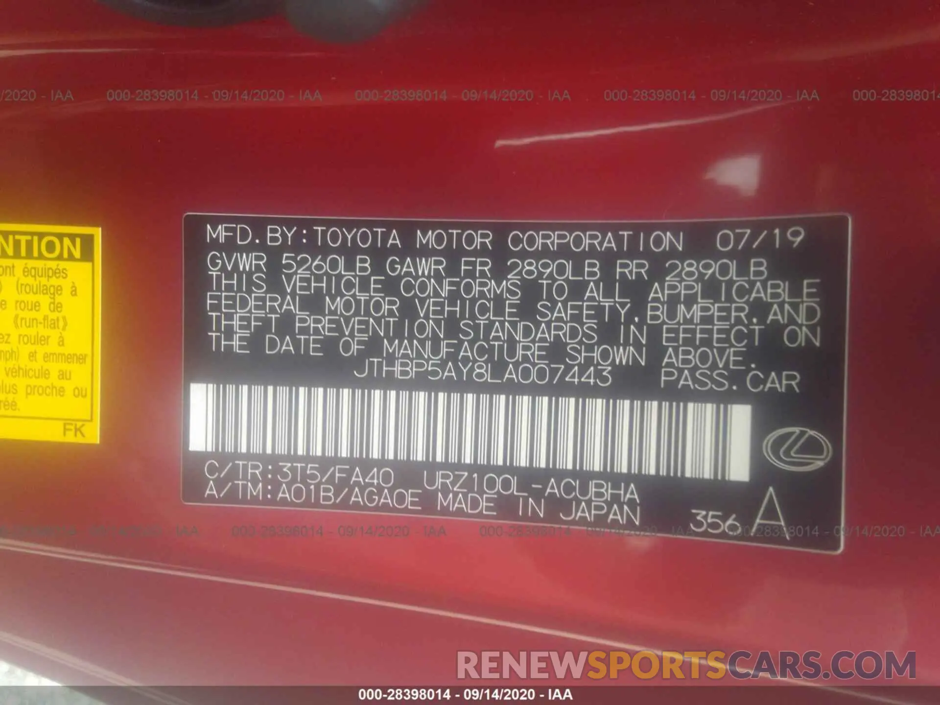 9 Photograph of a damaged car JTHBP5AY8LA007443 LEXUS LC 2020