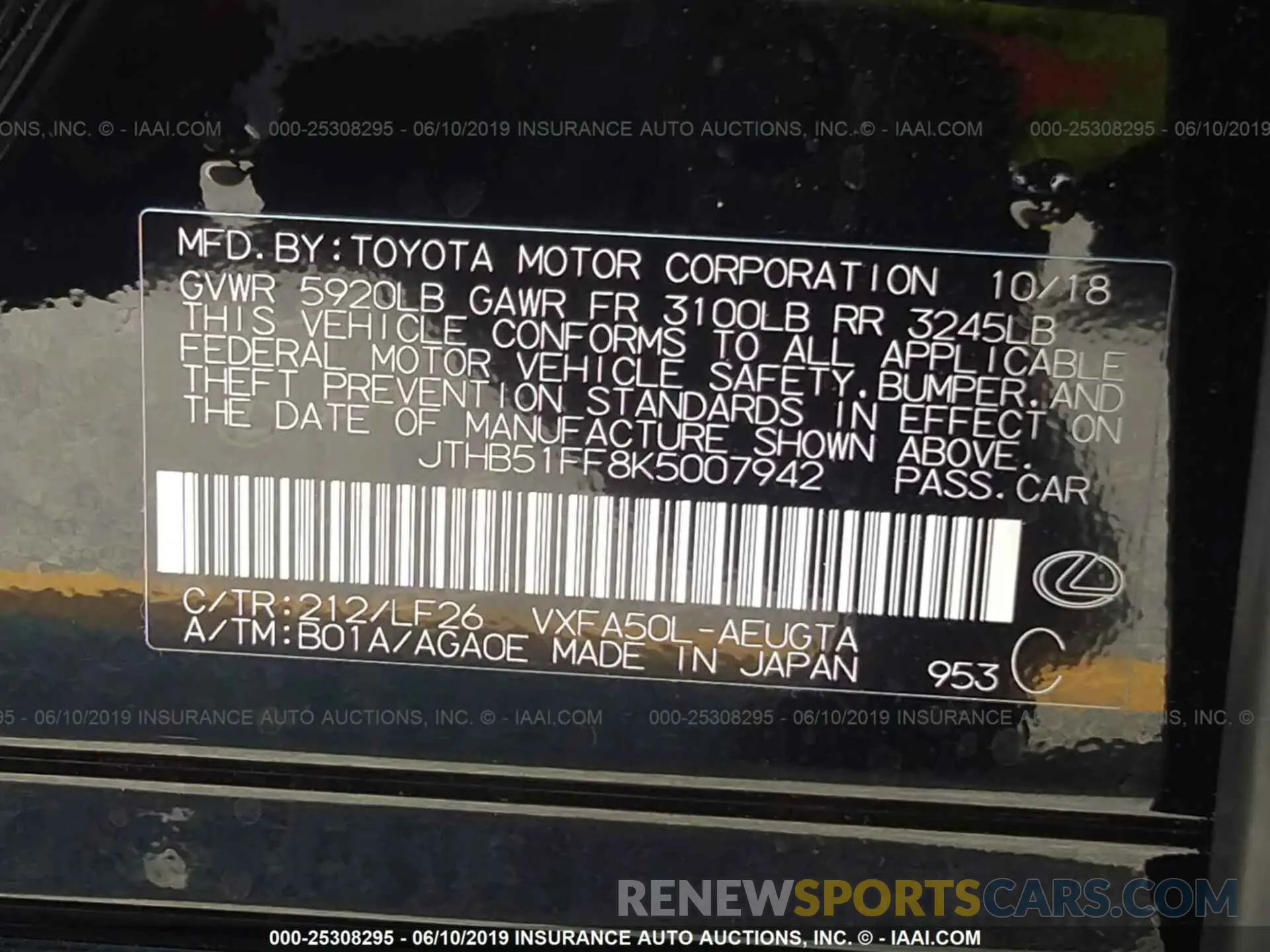9 Photograph of a damaged car JTHB51FF8K5007942 LEXUS LS 2019