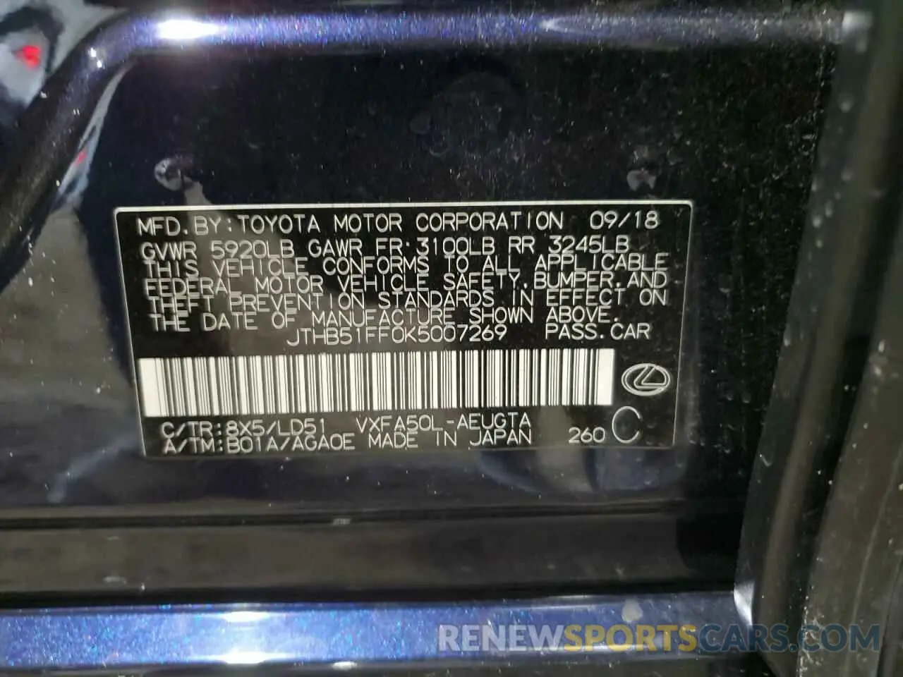 12 Photograph of a damaged car JTHB51FF0K5007269 LEXUS LS500 2019