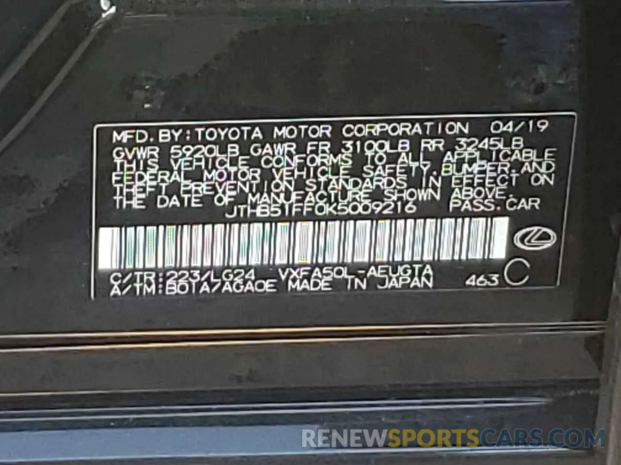 12 Photograph of a damaged car JTHB51FF0K5009216 LEXUS LS500 2019