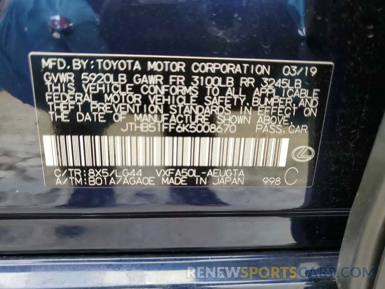 13 Photograph of a damaged car JTHB51FF6K5008670 LEXUS LS500 2019