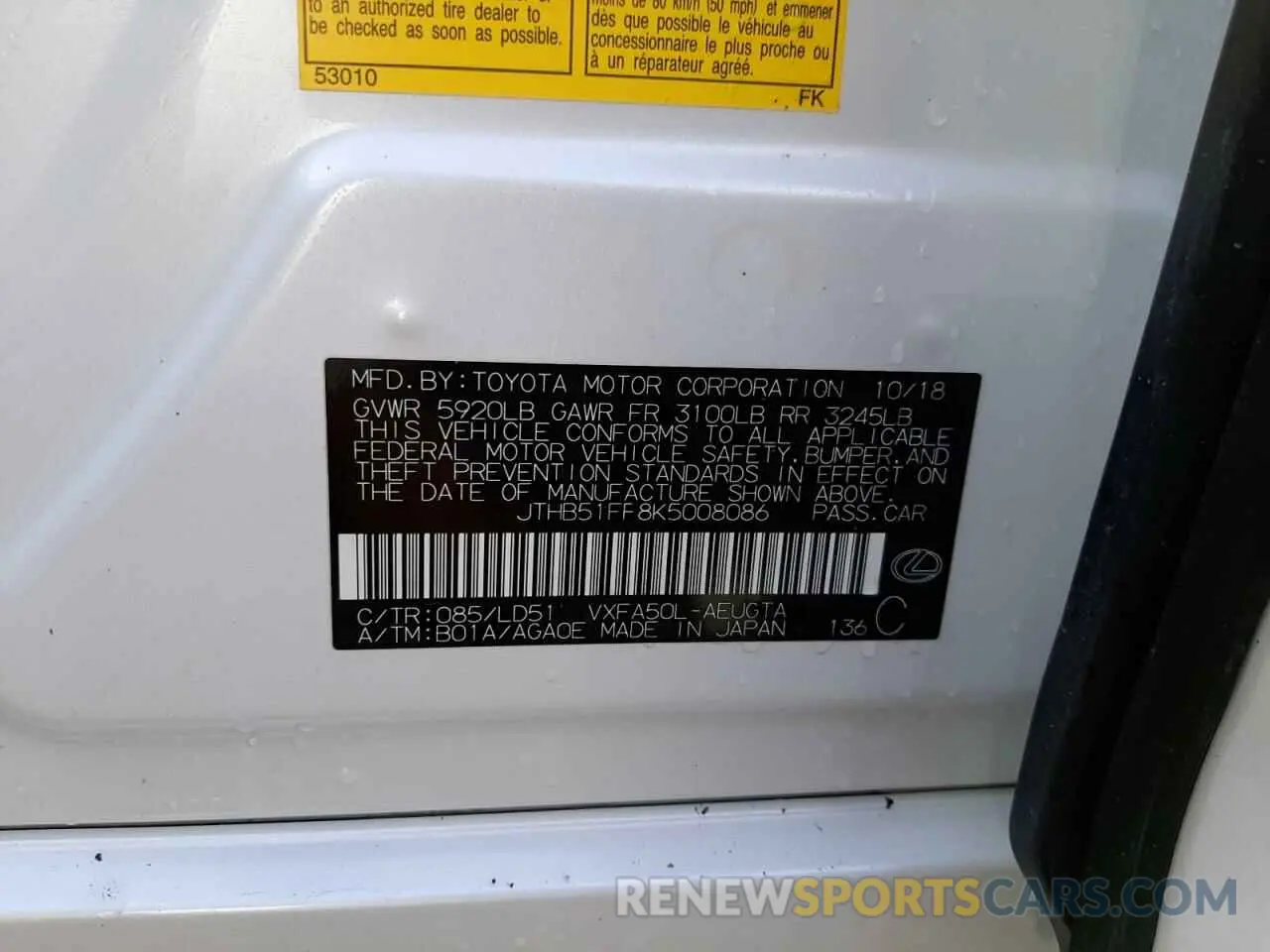 10 Photograph of a damaged car JTHB51FF8K5008086 LEXUS LS500 2019