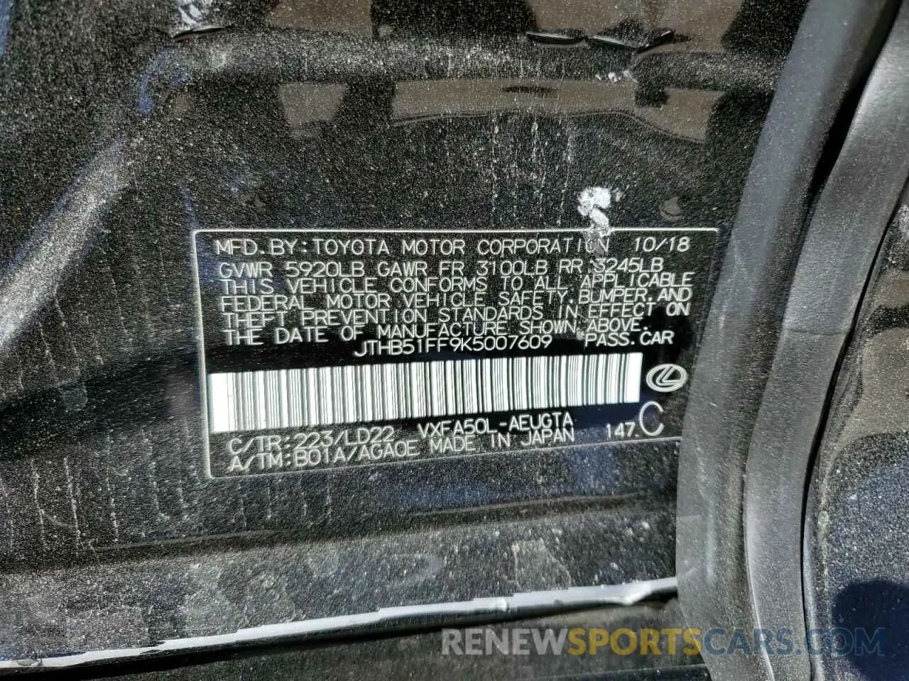 10 Photograph of a damaged car JTHB51FF9K5007609 LEXUS LS500 2019