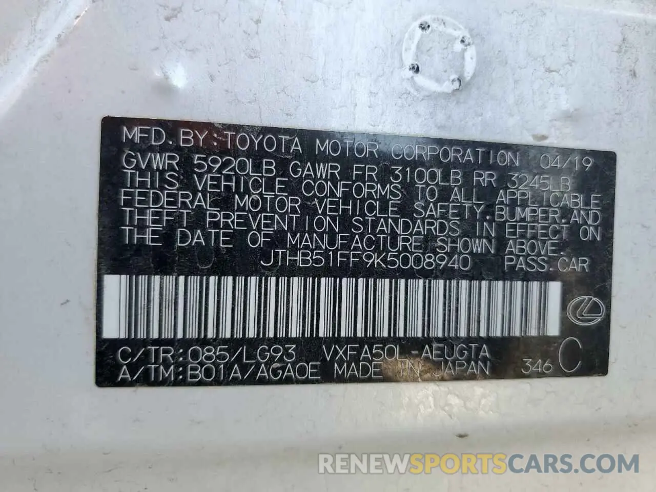 12 Photograph of a damaged car JTHB51FF9K5008940 LEXUS LS500 2019