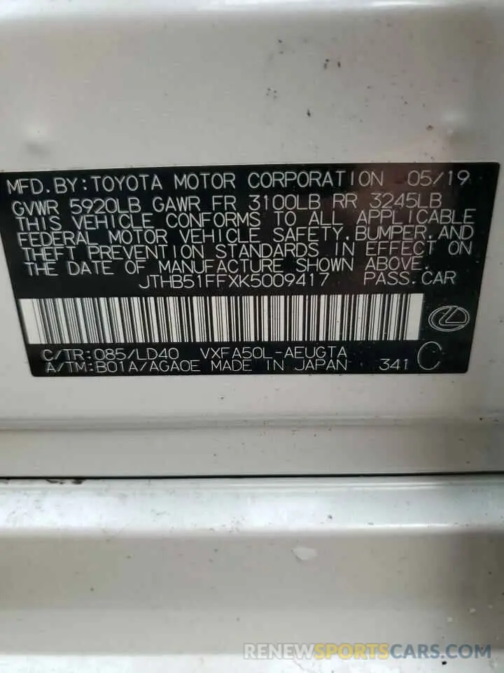 13 Photograph of a damaged car JTHB51FFXK5009417 LEXUS LS500 2019