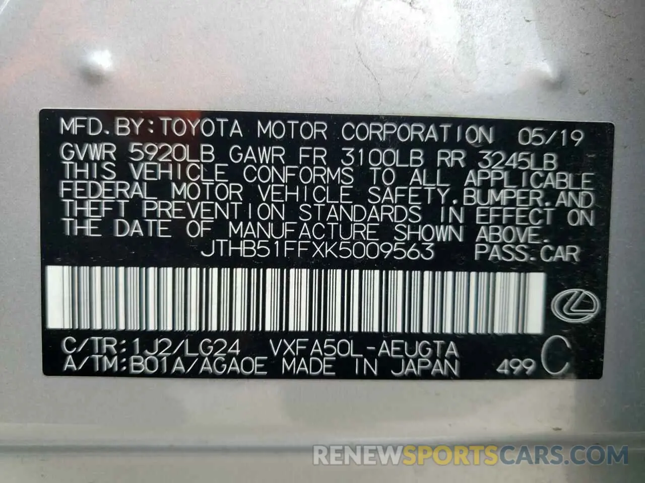 13 Photograph of a damaged car JTHB51FFXK5009563 LEXUS LS500 2019