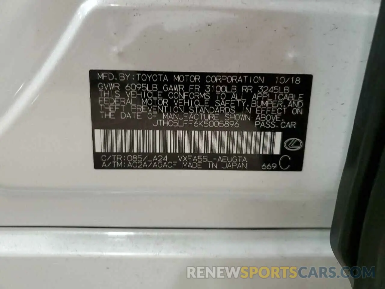 12 Photograph of a damaged car JTHC5LFF6K5005896 LEXUS LS500 2019
