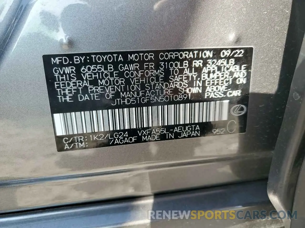 12 Photograph of a damaged car JTHD51GF5N5010891 LEXUS LS500 2022