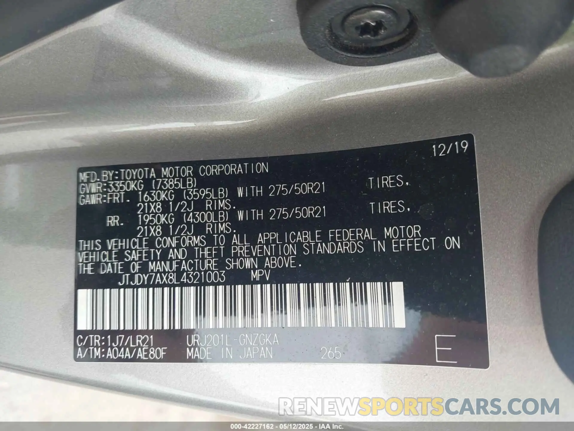 9 Photograph of a damaged car JTJDY7AX8L4321003 LEXUS LX 570 2020