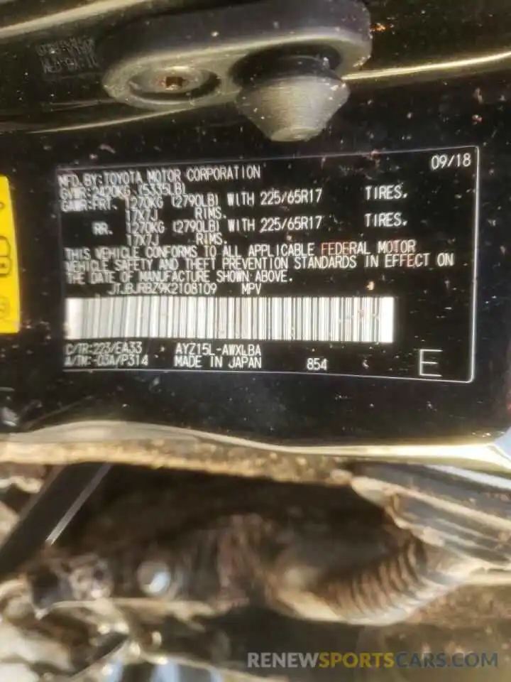 10 Photograph of a damaged car JTJBJRBZ9K2108109 LEXUS NX 2019