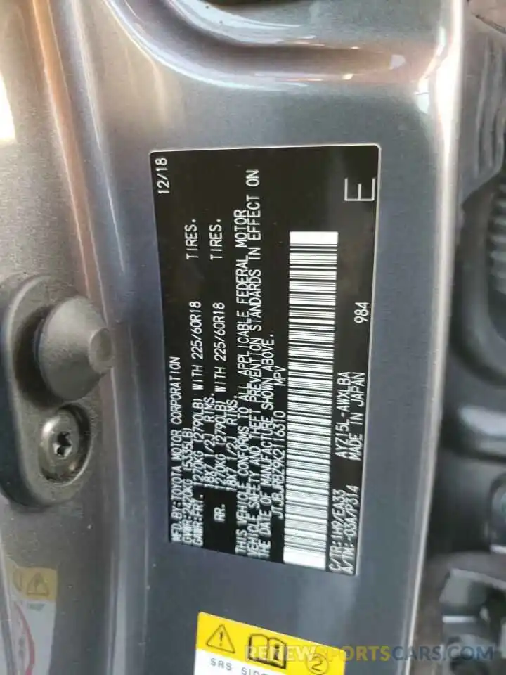 10 Photograph of a damaged car JTJBJRBZ9K2116310 LEXUS NX 2019