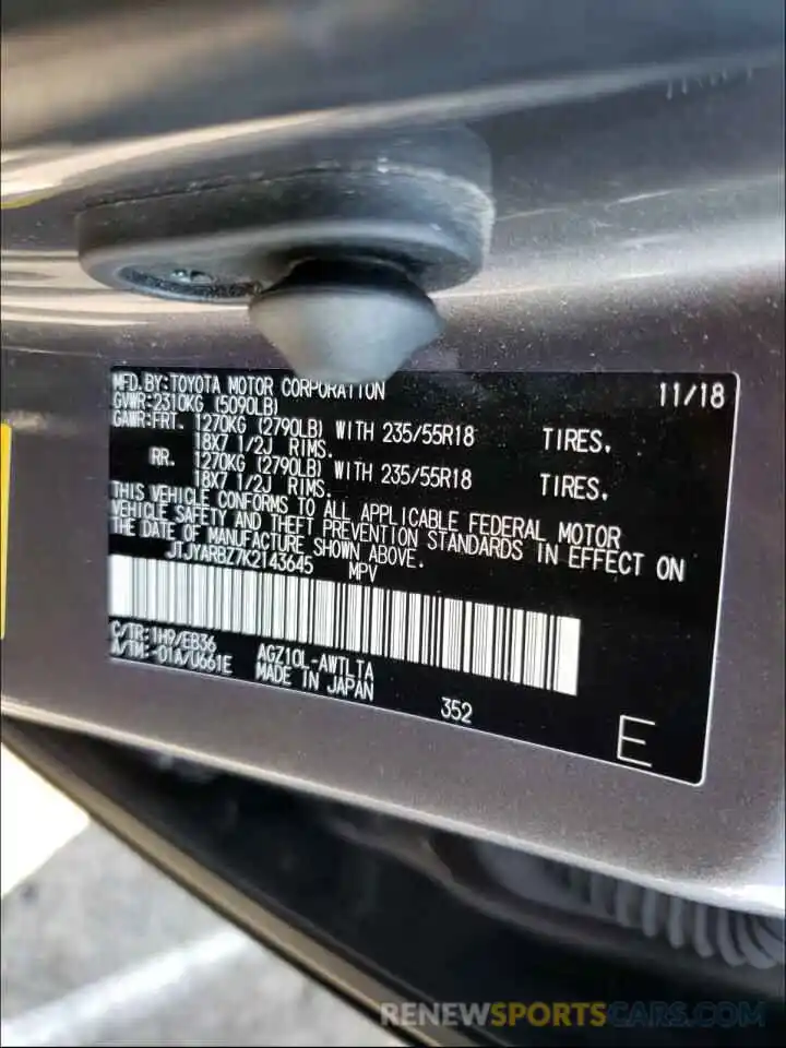 10 Photograph of a damaged car JTJYARBZ7K2143645 LEXUS NX 2019