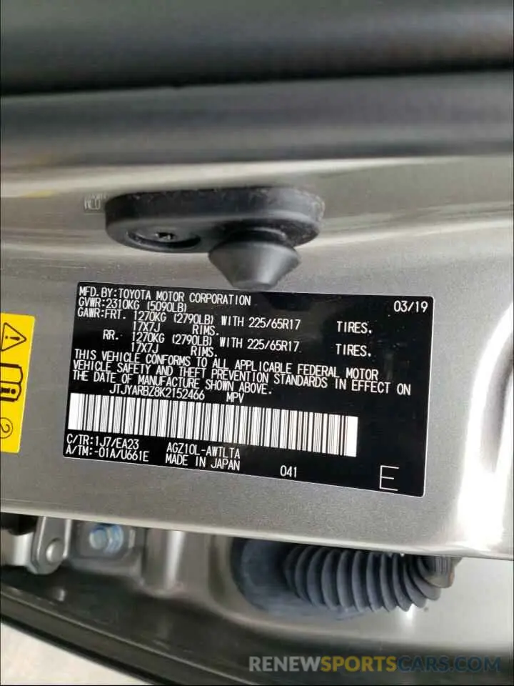 10 Photograph of a damaged car JTJYARBZ8K2152466 LEXUS NX 2019