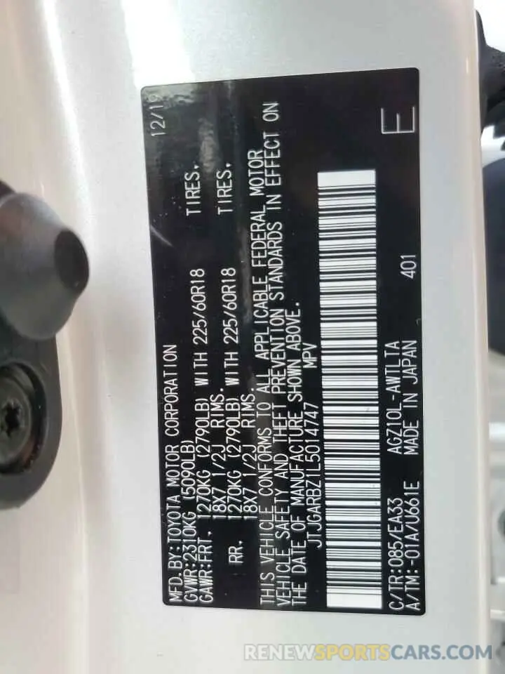 10 Photograph of a damaged car JTJGARBZ1L5014747 LEXUS NX 2020