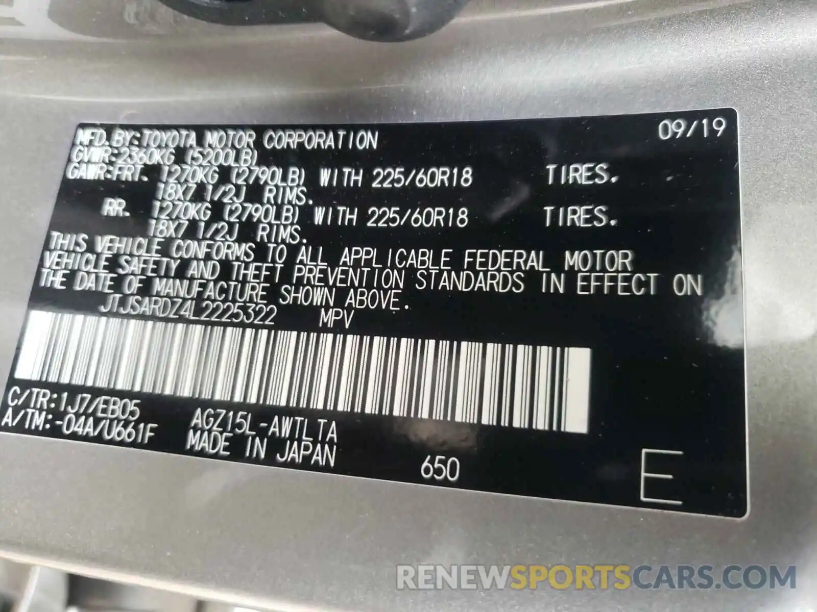 10 Photograph of a damaged car JTJSARDZ4L2225322 LEXUS NX 2020